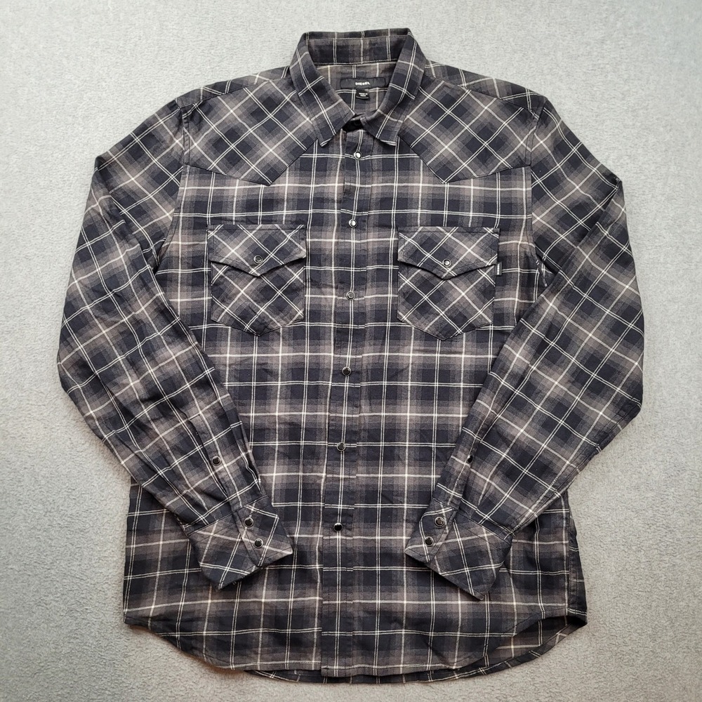Diesel Pearl Snap‎ Western Shirt Mens Medium Black Plaid Yoke Long Sleeve